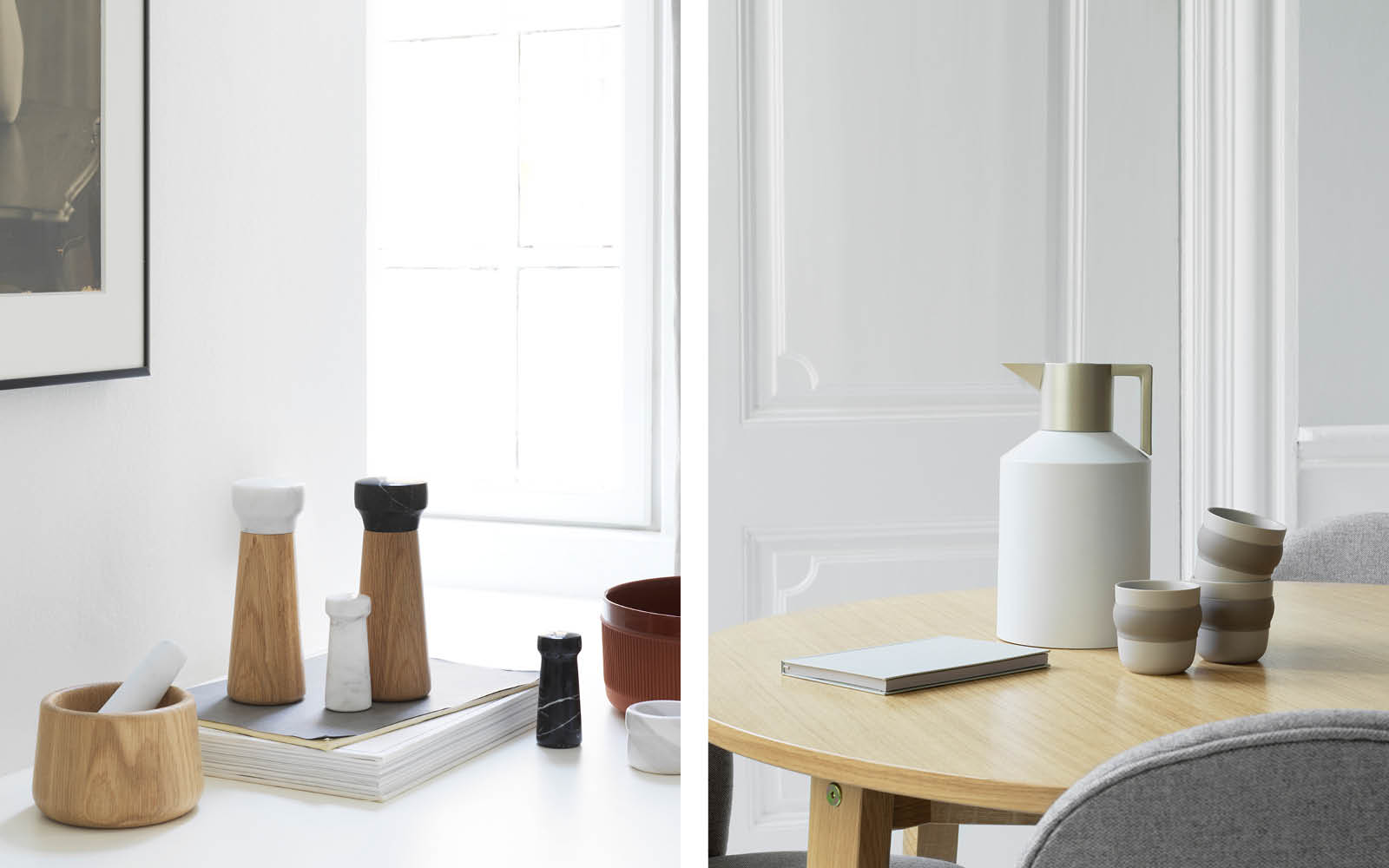 Left: Craft Salt and Pepper Grinders. Right: Geo Vacuum Jug and Obi Cups