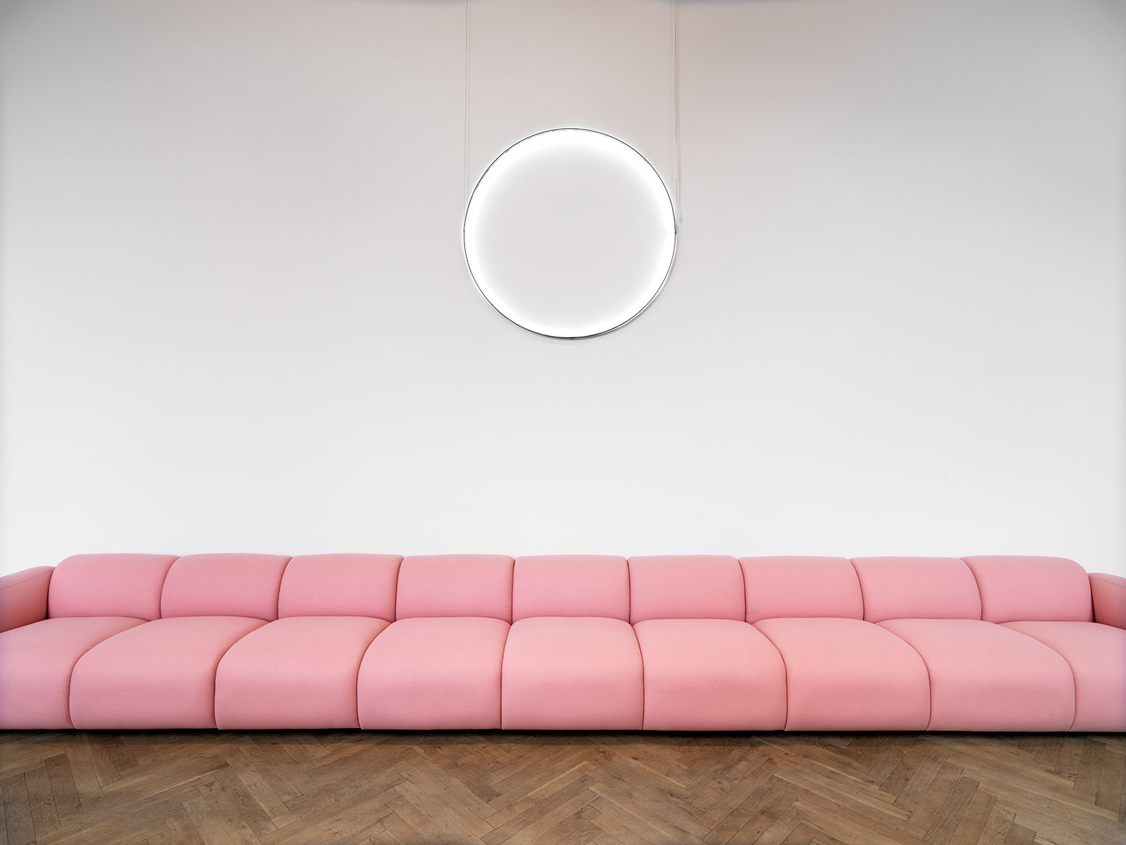 Long Swell Modular Sofa with pink fabric